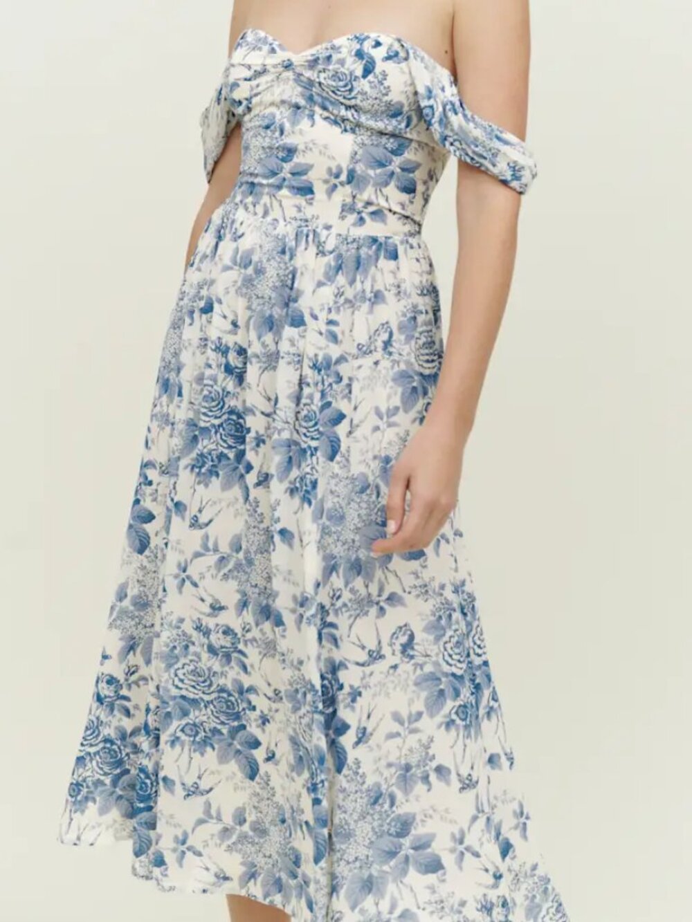 NWT Reformation Maxi Dress White Blue Floral Pompadour Violet Off Shoulder sz 0
